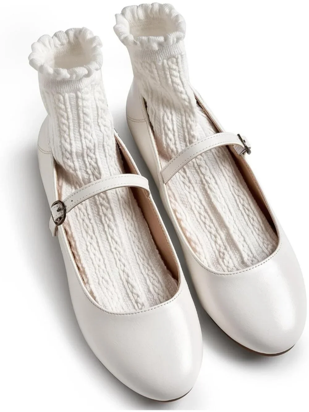 Women's White Ballet Flats Round Toe Comfort Straps Memory Foam Dressy Shoes